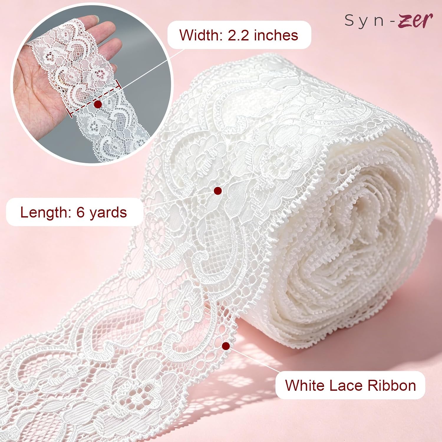 Syn-zer 2.2" x 6Yds White Lace Trim, Sheer Floral Eyelet