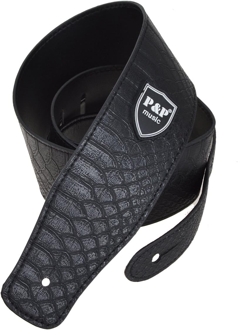 Kmise Black Guitar Bass Strap PU Leather Embossed Electric Acoustic Snake Skin Style Pack of 1