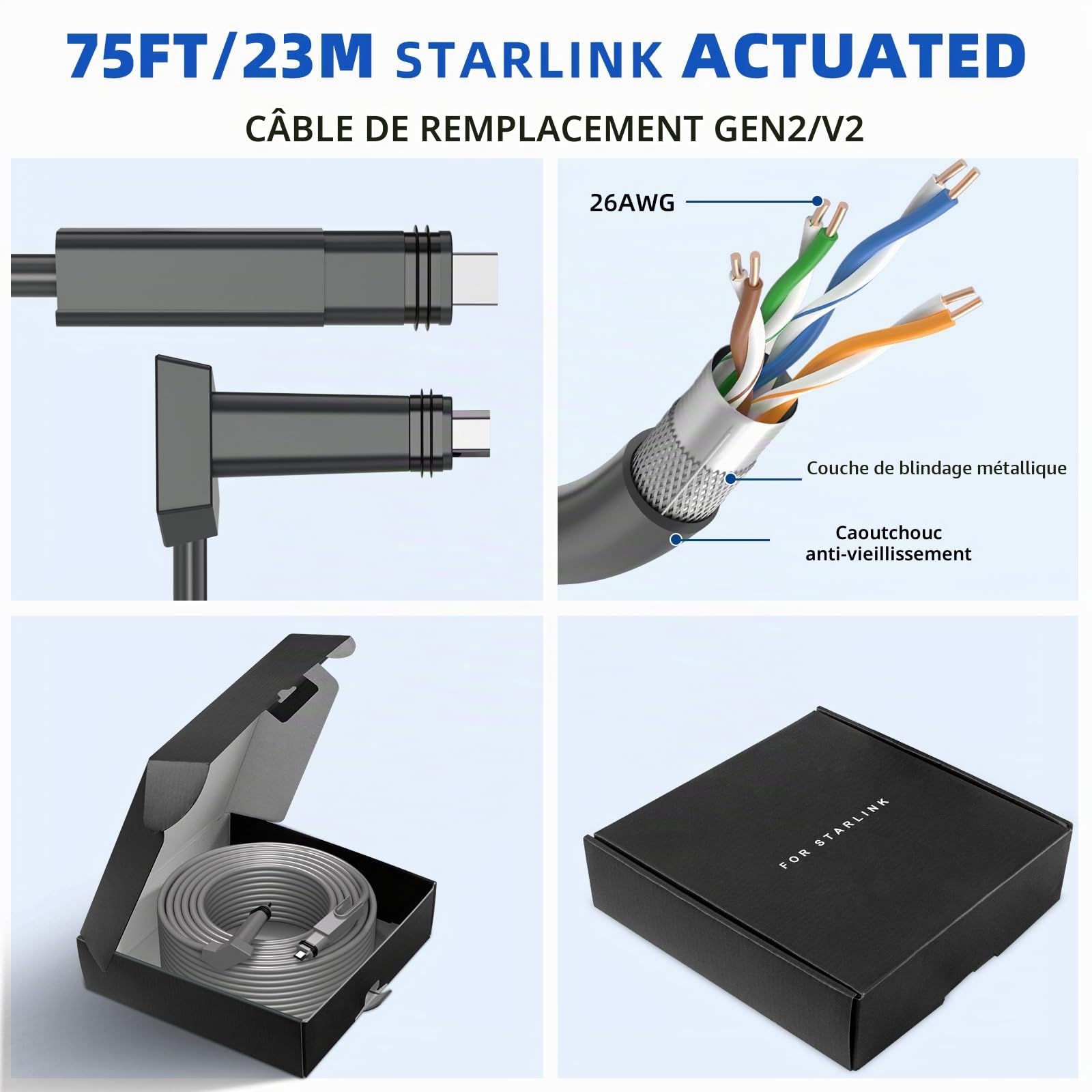 Câble pour Starlink (75FT / 23M) pour satellite rectangulaire pour Starlink V2, rallonge de câble pour Starlink étanche pour Starlink Actuated Gen 2, câble Ethernet pour Starlink