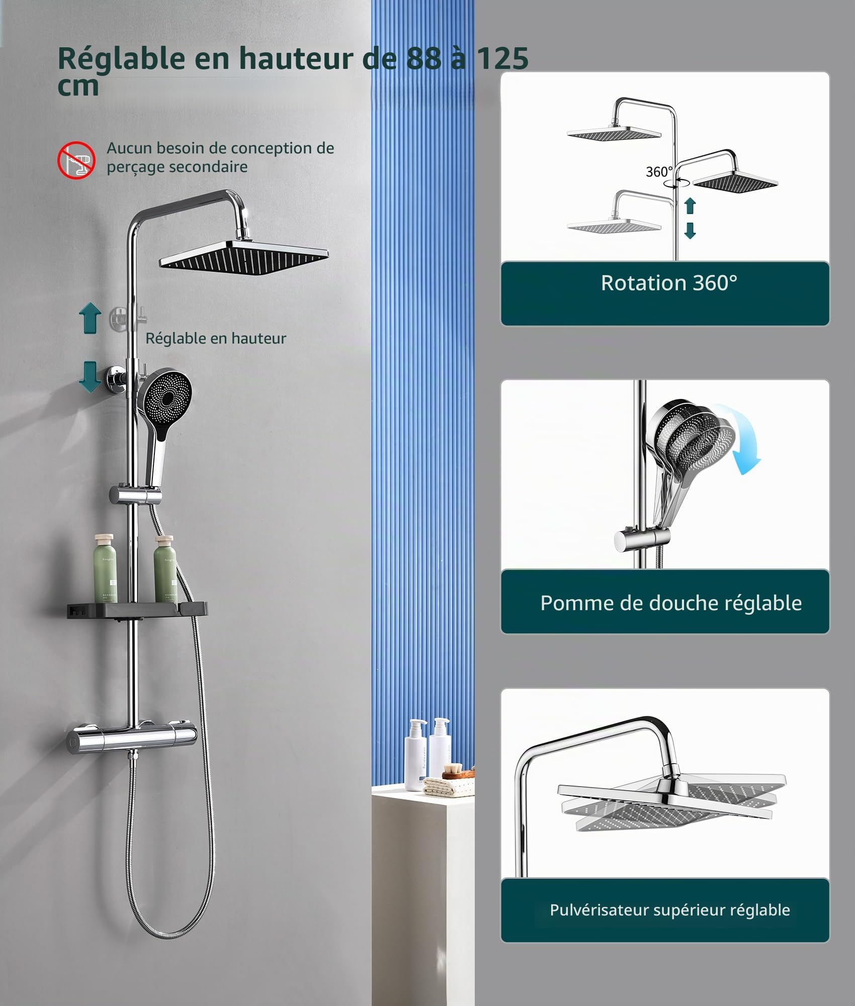 Colonne de Douche Thermostatique Avec Pomme de Douche à Effet Pluie Pivotante à 360° Et Mitigeur,Douchette à Main à Trois Positions,Colonne de Douche RéGlable (Chrome)