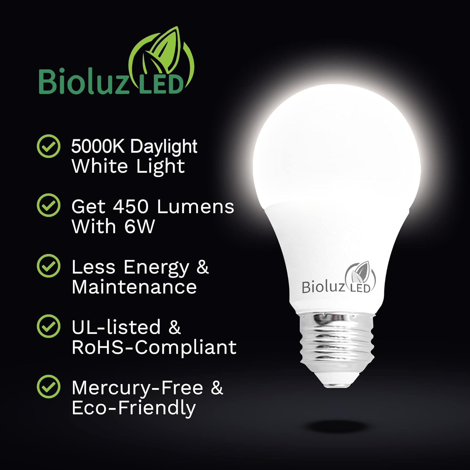 Bioluz LED 6 Watts Equivalent to 40W Home Decor A19 Light Bulbs 5000K Daylight LED Light Bulb Non-Dimmable LED Lights for Bedroom Energy-Efficient LED Bulbs and Long-Lasting Lightbulb - 12 Pack