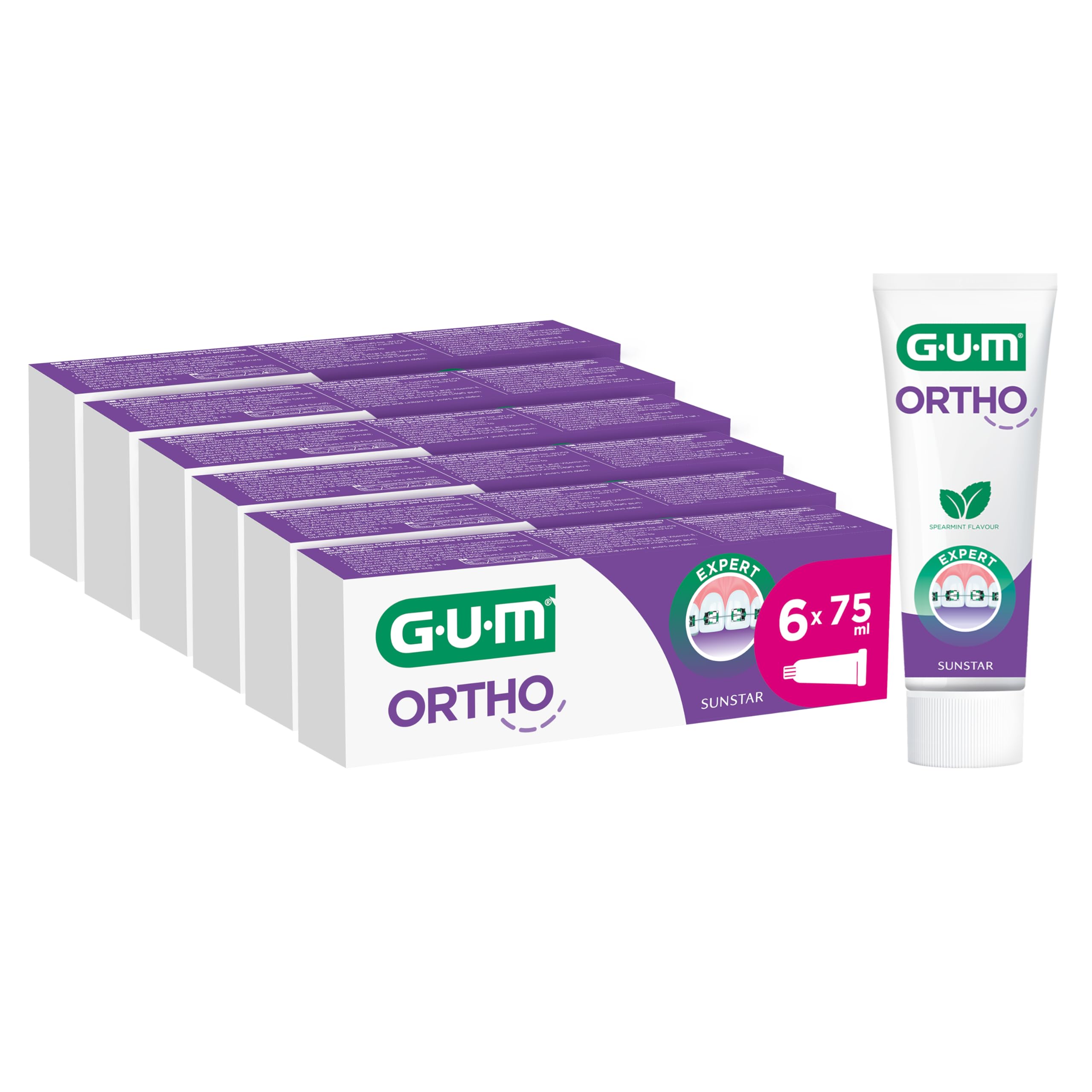 GUM Ortho żel do zębów, specjalnie dla osób noszących aparat ortodontyczny, redukuje powstawanie płytki nazębnej, wzmacnia szkliwo zębów, smak mięty pieprzowej, 6 x 75 ml