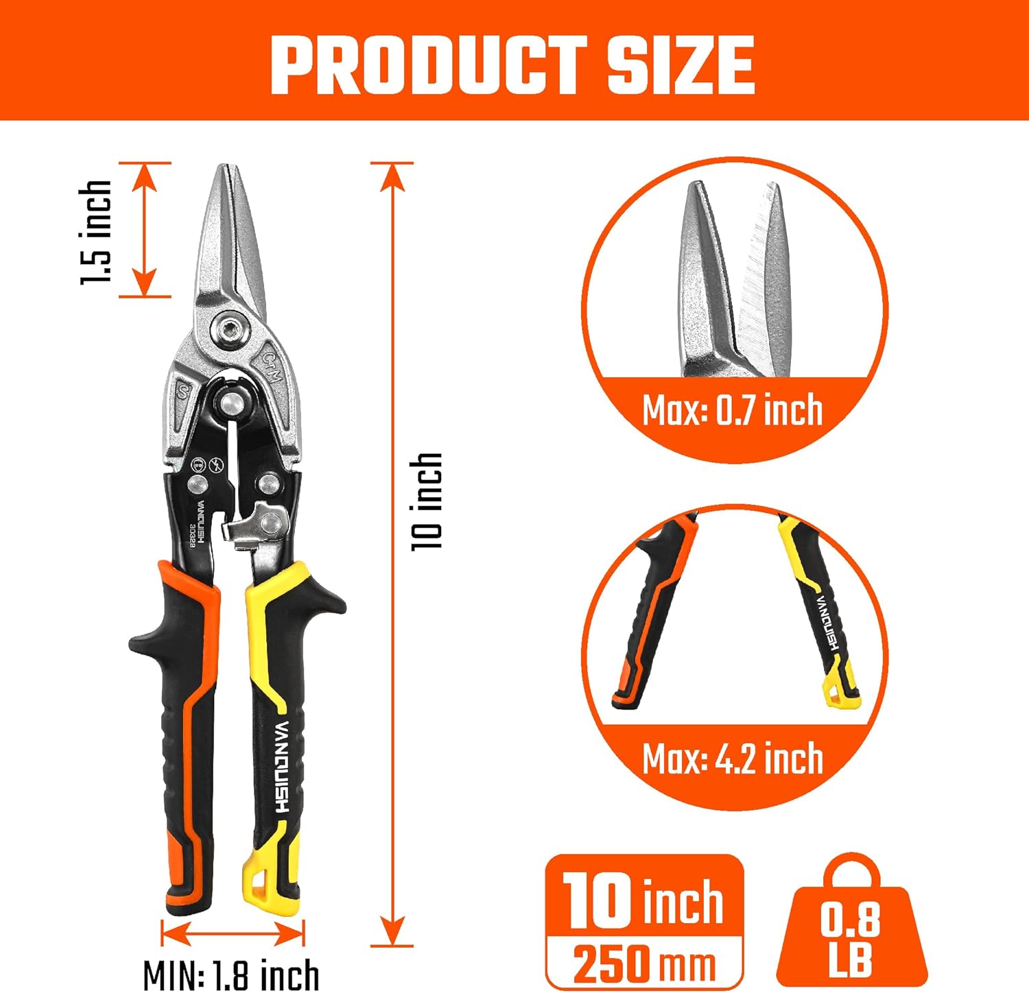 VANQUISH 10 Inch Aviation Tin Snips Straight-Cut, CR-MO Aviation Snips for Cutting Metal Sheet, Sheet Metal Cutter Shear, High Leverage Aviation Snip, Drop Forged Blades 10X More Cuts,3032