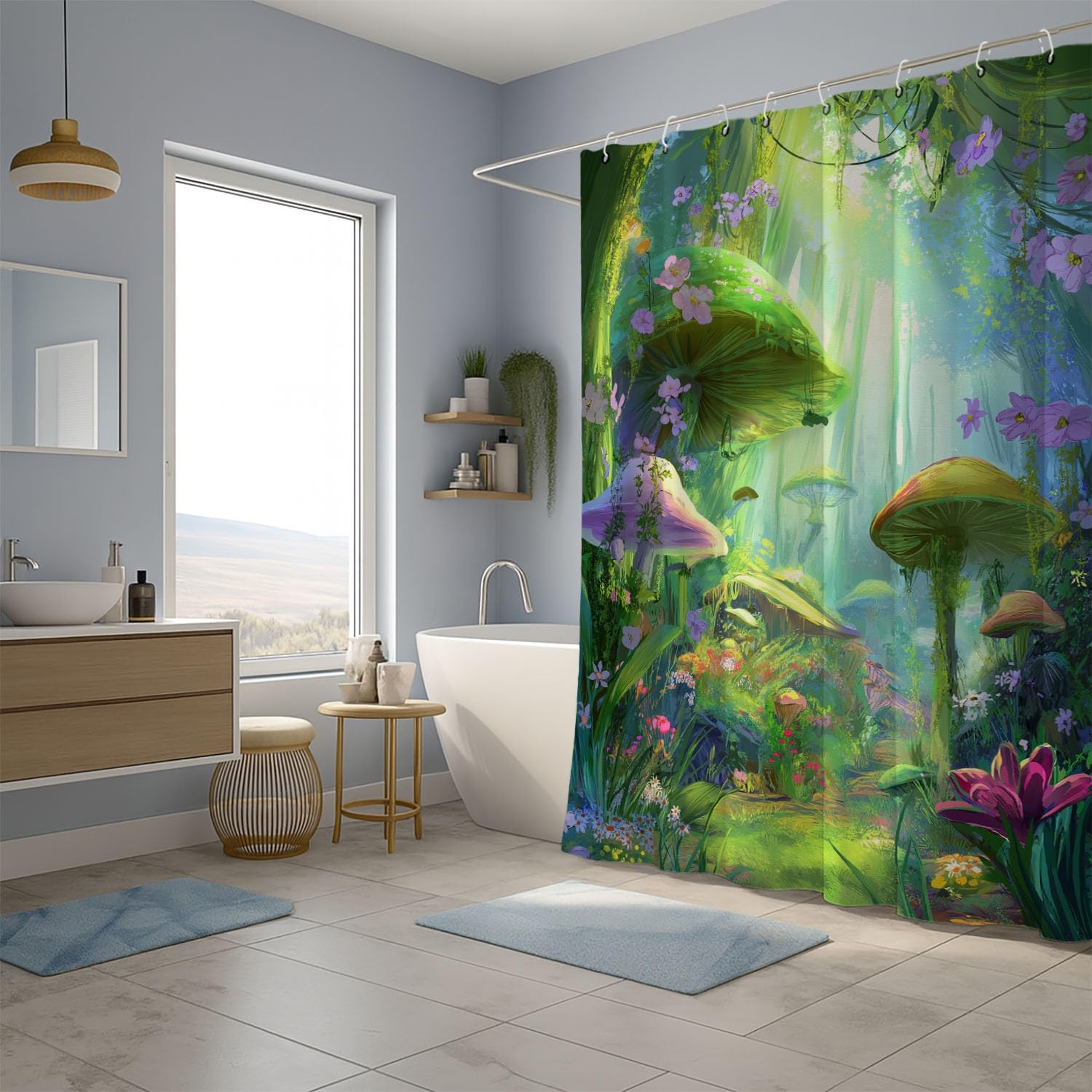 Generico Tenda da doccia Etereo Foresta Fungo, Verde Viola tenda da doccia Fantasia per il bagno, tessuto in poliestere impermeabile con ganci 180 x 200 cm Per La Vasca Da Bagno Casa E Hotel Caravan