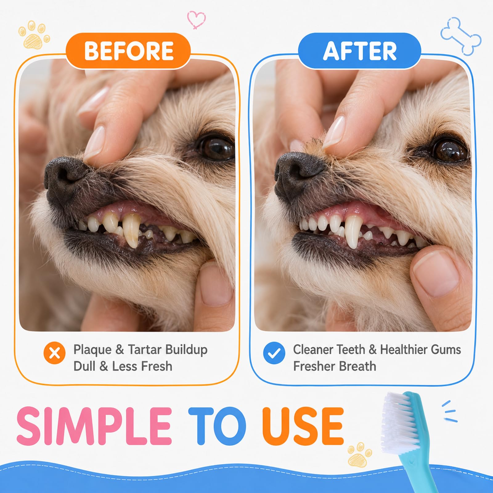 Spazzolino da denti per cani a doppia testa, kit di spazzolatura a doppia testa, kit di spazzolatura per cani con manico lungo, per cani grandi e piccoli, gatti per la maggior parte degli animali