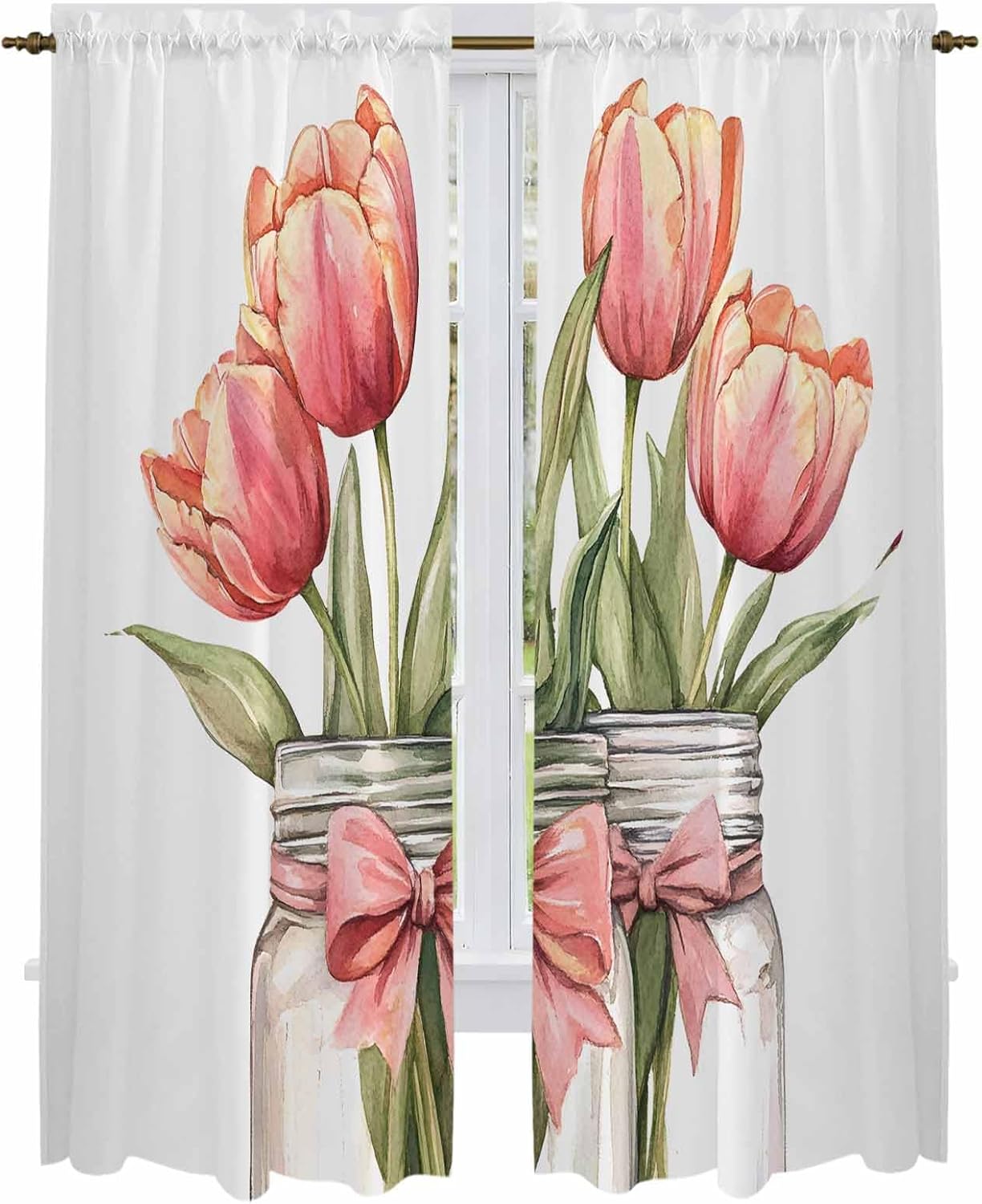 Tulip Flower Pink Red Kitchen Curtains, Spring Botanical Floral Leaf Bow Vase Light Filtering Window Curtain Panels, 2Pcs Rod Pocket Window Treatments Set for Living Room Bathroom Bedroom 52x72 Inches