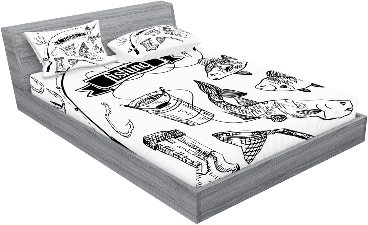 Ambesonne Fishing Fitted Sheet & Pillow Sham Set, Hand Drawn Tools Rod Salmon and Perch Bucket Net Float Ribbon Print, Decorative Printed 3 Piece Bedding Decor, Queen, Black White