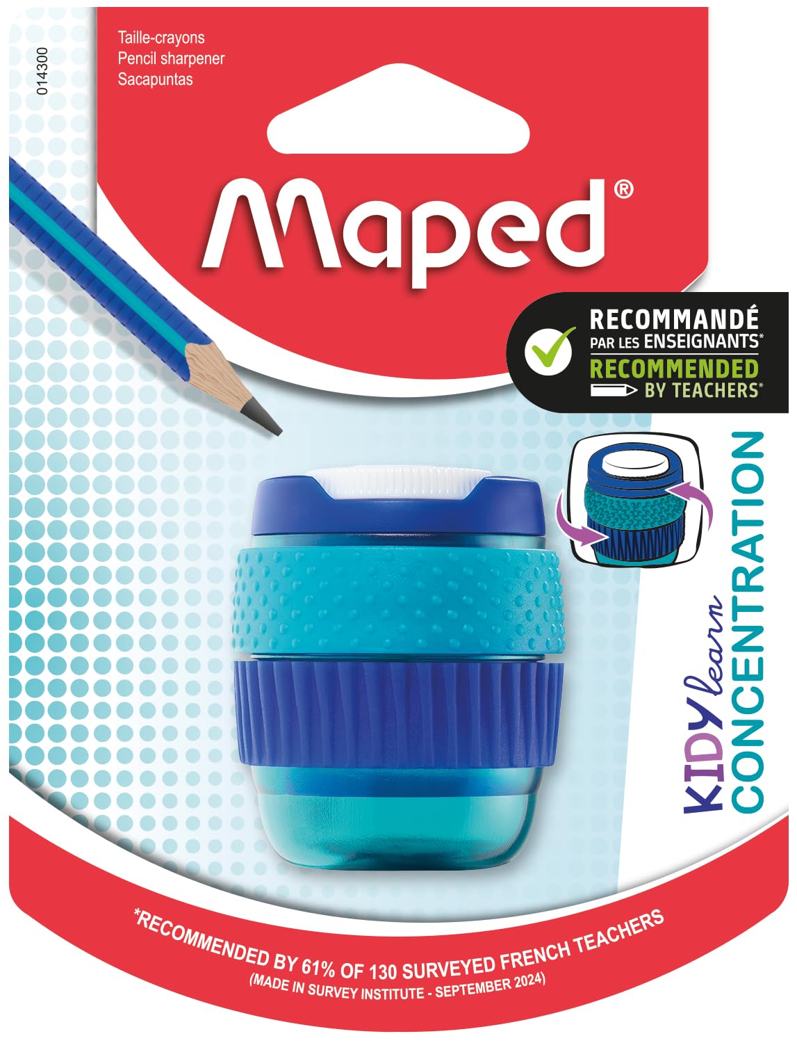 Maped - Kidy Learn Concentration 1 Hole Pencil Sharpener - Sensory Rotating Rings - Large Canister to Collect Pencil shavings
