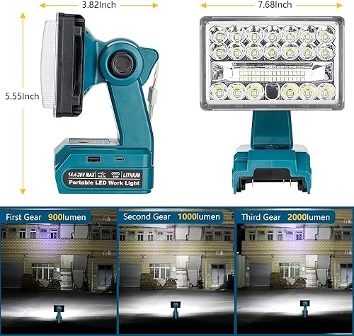 Miniatura 7 de Luz de trabajo para batería de litio Mkita de 18 V, luz de trabajo LED de 28 W, luz de trabajo recargable, luz de trabajo al aire libre, reflector