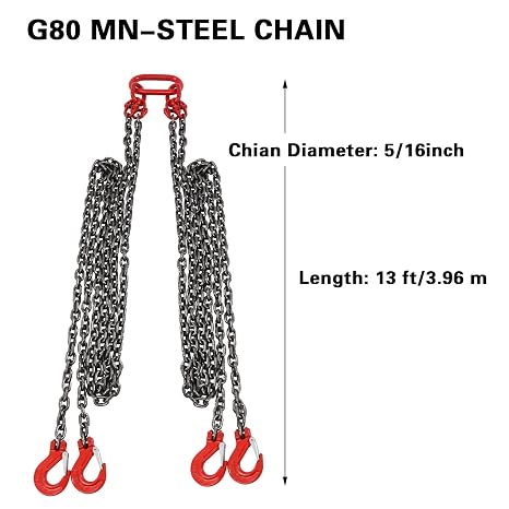 Chain Sling, 5/16 Inch X 13 FT Engine Lift Chain G80 Alloy Steel Engine Chain Hoist Lifts 5 Ton with 4 Leg Industrial Grab Hooks Used in Mining, Machinery, Ports, Building (13FT)