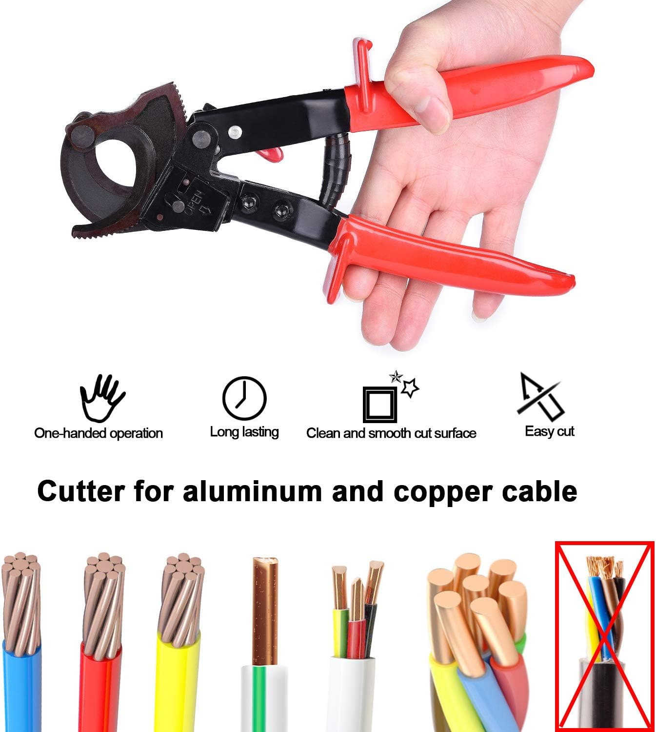 SANIK Ratchet Cable Cutter, Easy Opreation Hand Tool, Steel Blades Cut Up To 300mm2 AL/ 240mm2 CU Cable, 10.2inch