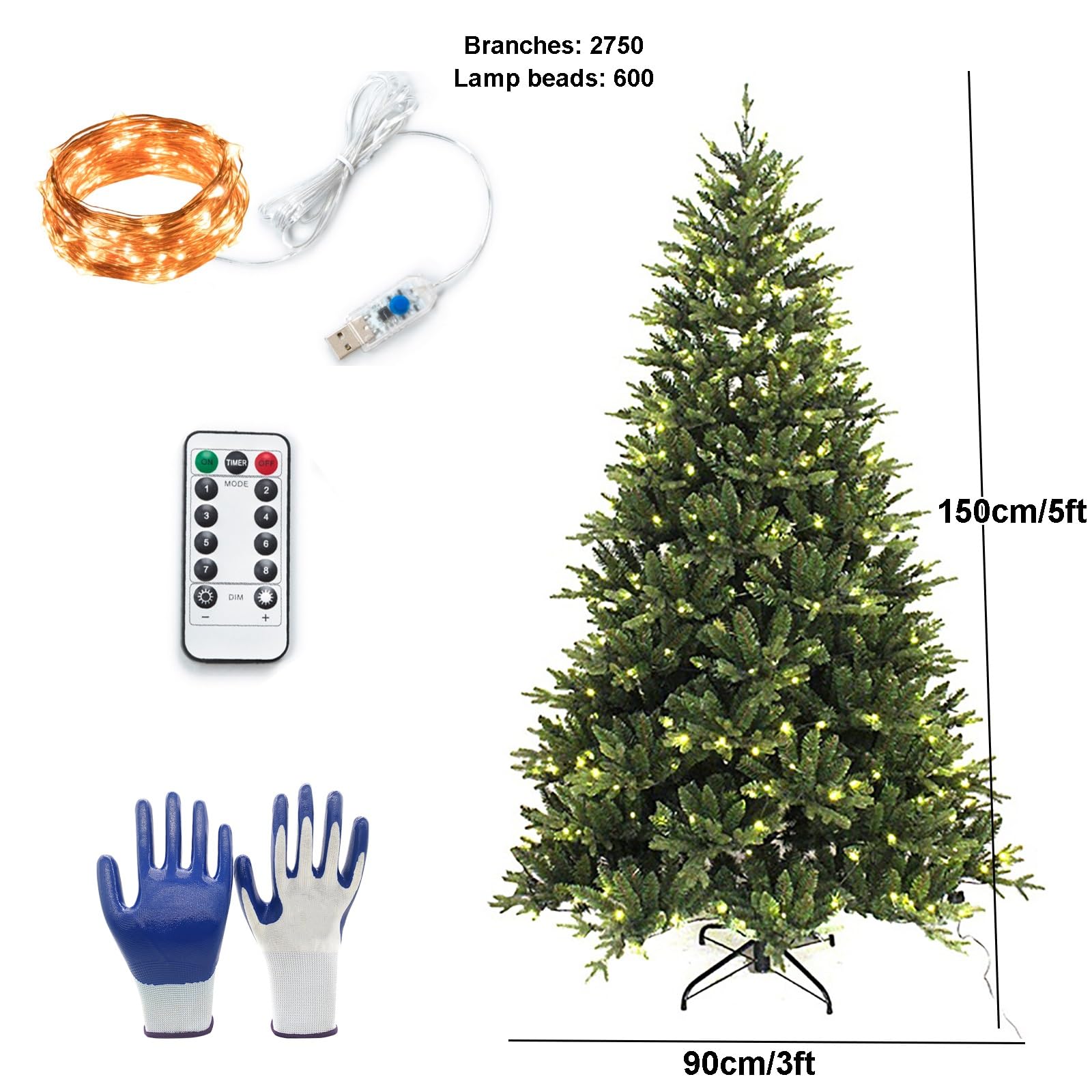 Arboles de Navidad Artificial con Control Remoto, Árbol de Navidad con Bisagras de Primera Calidad con Luz, Árbol de Decoración Navideña para la Oficina en Casa(150cm/5ft)
