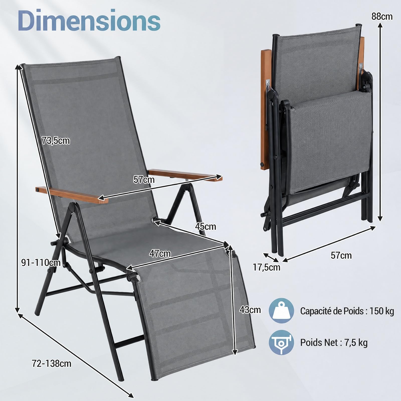 COSTWAY Chaise Longue Jardin Pliante, Dossier Réglable en 6 Positions, Gris