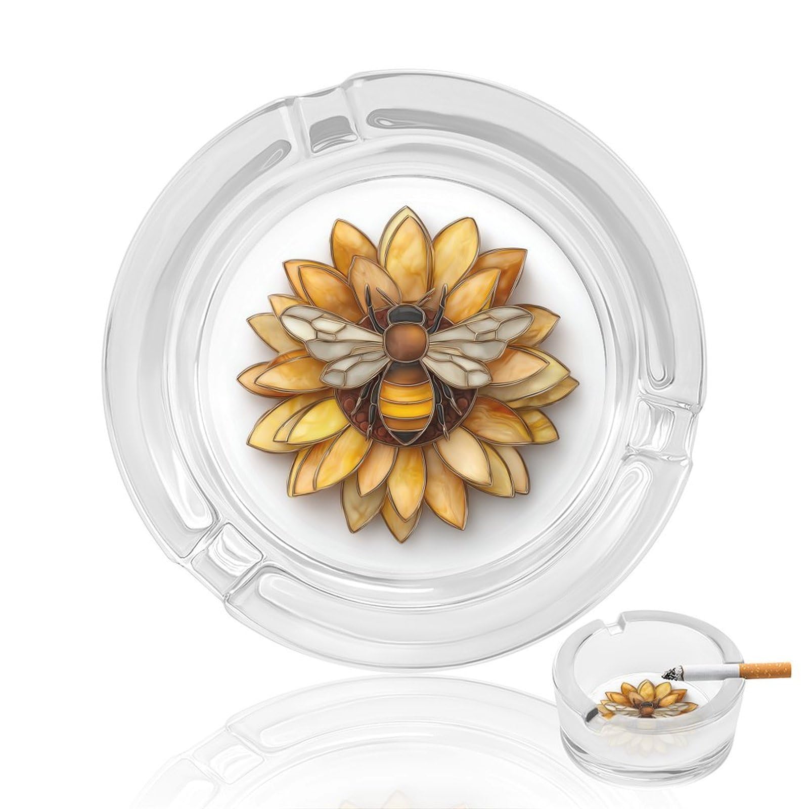 Stained Glass Honey Bee on Sunflower Glass Ashtray for Cigarettes Portable Decorative Ash Trays for Home Office Decor