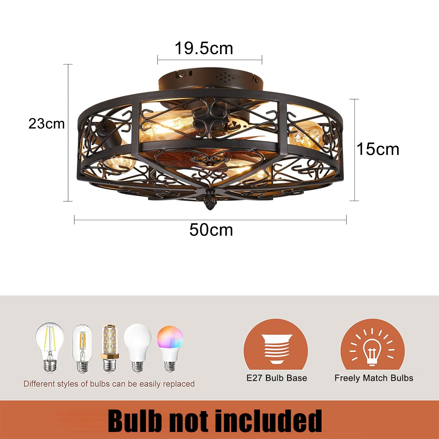 50cm Deckenlampe mit Ventilator Industrial Vintage Deckenventilatoren mit Beleuchtung Metall Käfigbeleuchtung 4*E27 Unterputzmontage mit Fernbedienung Timer-Funktion, Schwarz (exkl Leuchtmittel)