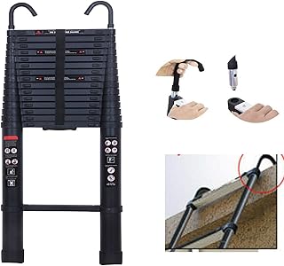 Black 6.2M Heavy Duty Multi-Purpose Aluminium Telescopic Ladder Extendable Steps & Roof Hook,Max Load 150kg/330lb,EN131
