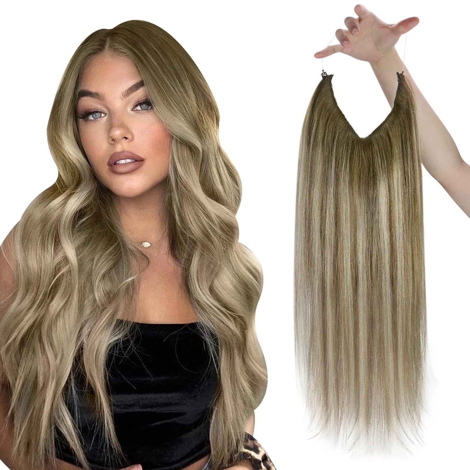 Sunny Hair Wire Hair Extensions Human Hair Invisible Hair Extensions for Women Straight Secret Hidden One Piece Extensions With Adjustable Line Cool Brown Ombre Light Brown Balayage Blonde 16inch