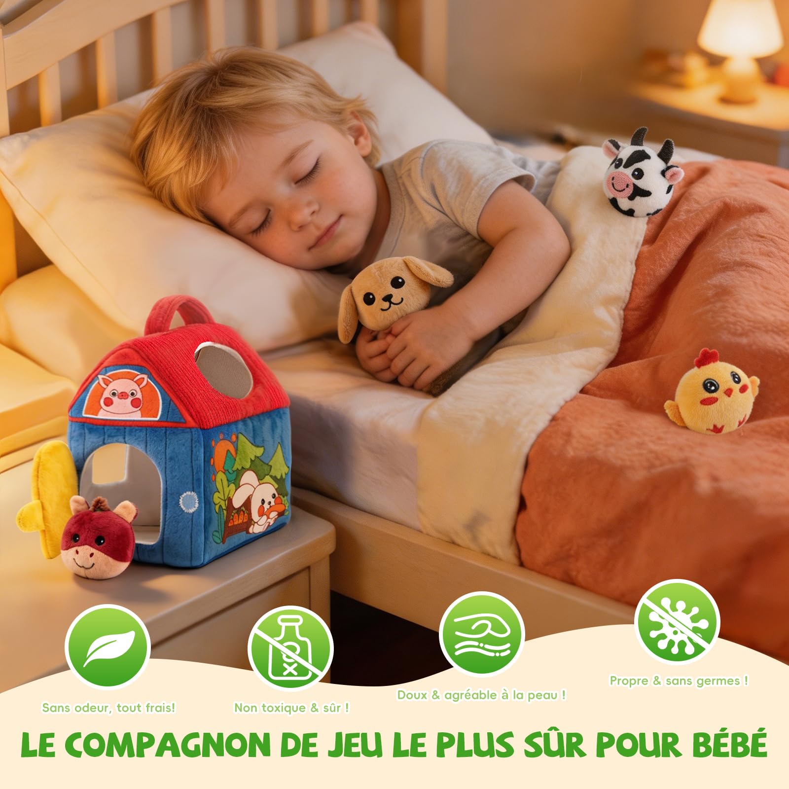 SAIMAND Jouet Bebe Animaux de la Ferme en Peluche, Jeux Sensoriel Montessori avec Grange, Hochets et Miroir, Jouet d’Éveil Bébé 0-3-6-9-12 Mois, Cadeau Bébé Enfant Garçon et Fille