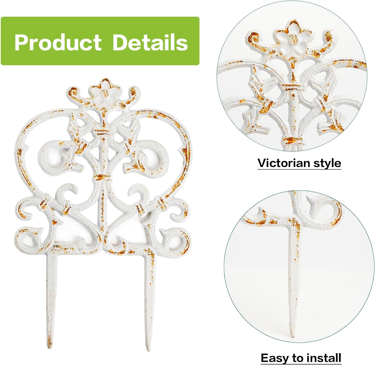 Sungmor Decorative Cast Iron Garden Edging, 4 Pack Rustic White Victorian Garden Edging Landscape Border, Vintage Metal Yard Stake Low Picket Fence, 11.8" Tall Outdoor Flower Bed Lawn Fence Panels