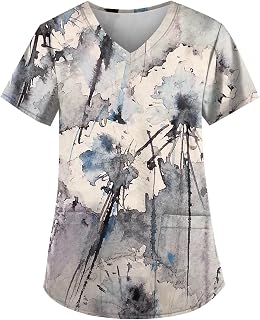 Cute Graphic Scrubs for Women, Holiday Scrub for Women Novelty Short Sleeve Plus Size Work Polyester Shirts V Neck Cool Print Pocket Fitted Shirt Woman White