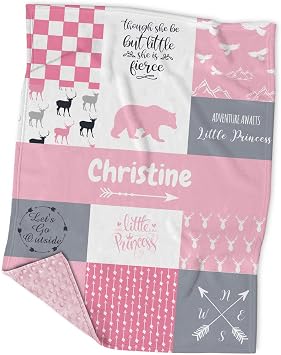 Personalized Woodland Deer Pink Minky Baby Blankets with Name, Customized Adventure Patchwork Design Blanket for Girls Kids Soft Plush Infant Toddler Baby Newborn Blankets