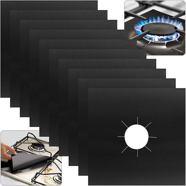 kuou 10 Pcs Gas Hob Range Protectors, Non-Stick Reusable Cooker Protector Stovetop Burner Protector Liner (Black)