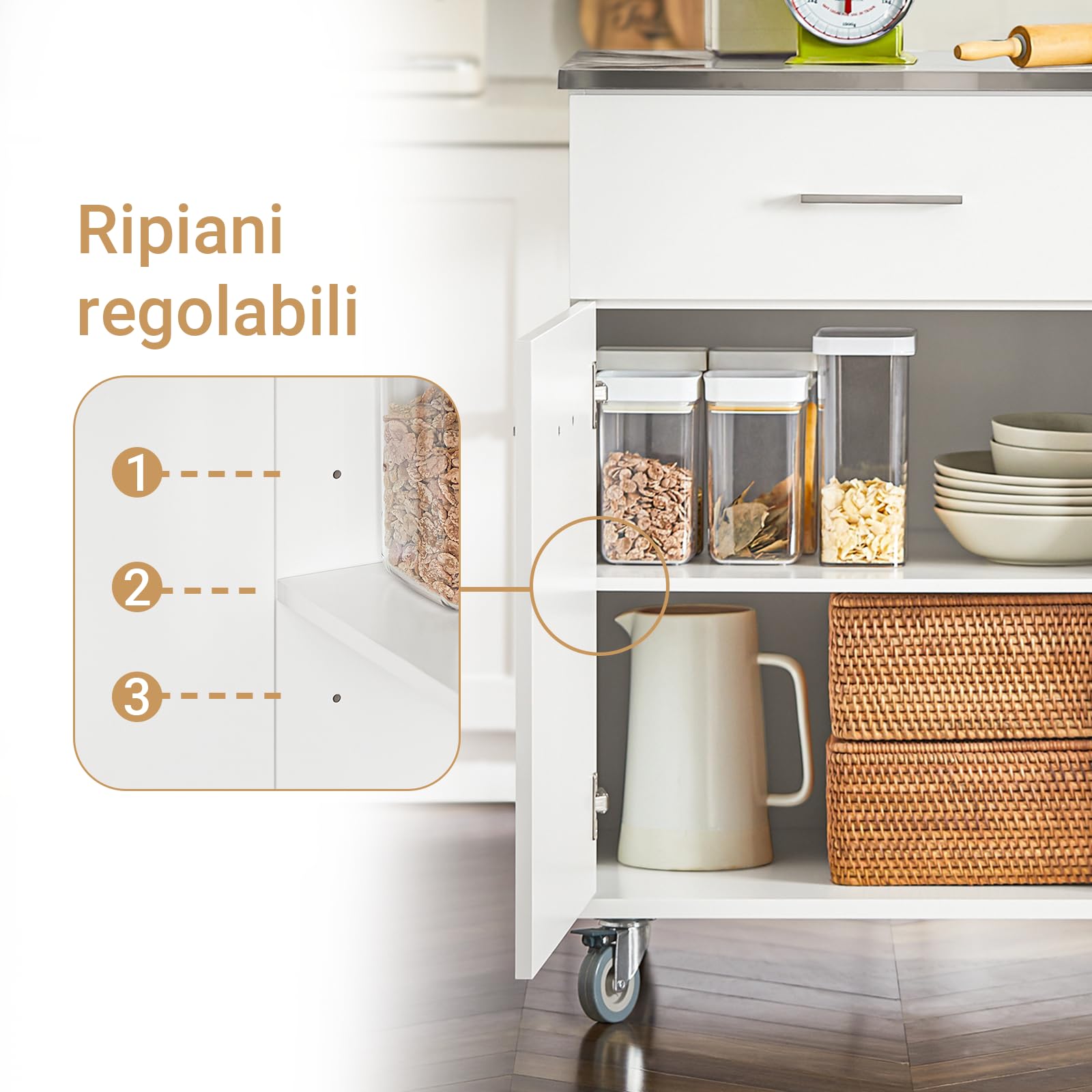 SoBuy Carrello Cucina con Ruote Isola Cucina con Piano di Lavoro in Acciaio Inox, 1 Cassetto e 2 Ripiani Regolabili, Mobile Salvaspazio per Mobili da Cucina Bianco120 x 56 x 90 cm FKW117-W