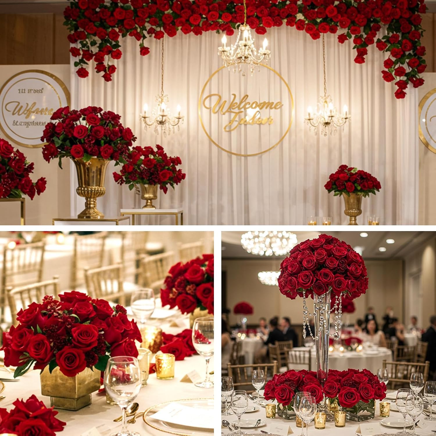 60 rose artificiali rosse in seta con steli pieghevoli per decorazione | Tessuto di seta rosso, 51 cm, realistico, steli flessibili, set da 60 pezzi, per bouquet da sposa, decorazione da tavolo