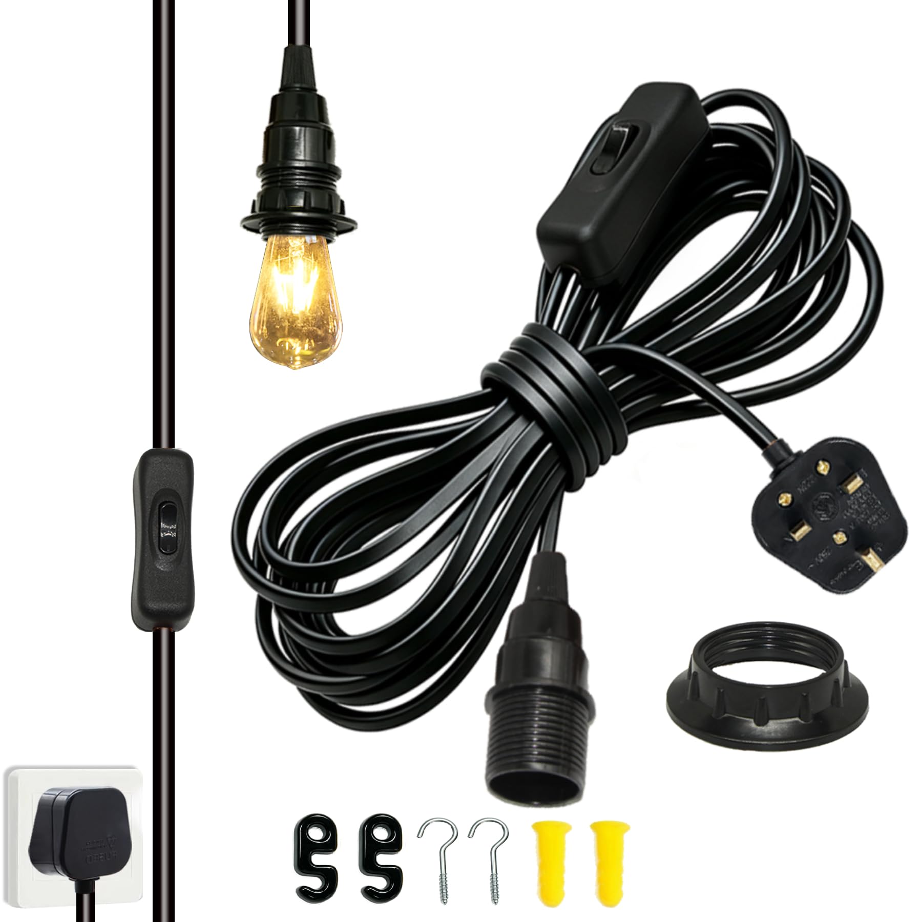 E14 Lamp Holder with Switch and Plug, 4.5M Leather Cable Pendant Light Fitting Kit, Plug in Pendant Light with Lock Ring for DIY Lampshade, Hanging Lamp Cord for Bedroom Loft Light Lamp Replacement