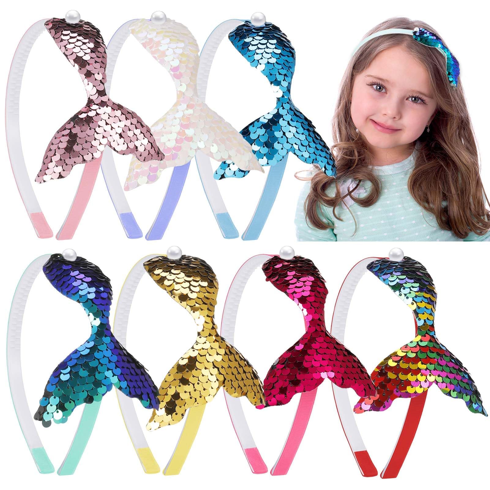 TERRIFI 7 Pieces Sequins Mermaid Headbands, Glittery Reversible Fish Tail Hair Bands with Pearl - Perfect for Girls to Add a Touch of Magic and Fun