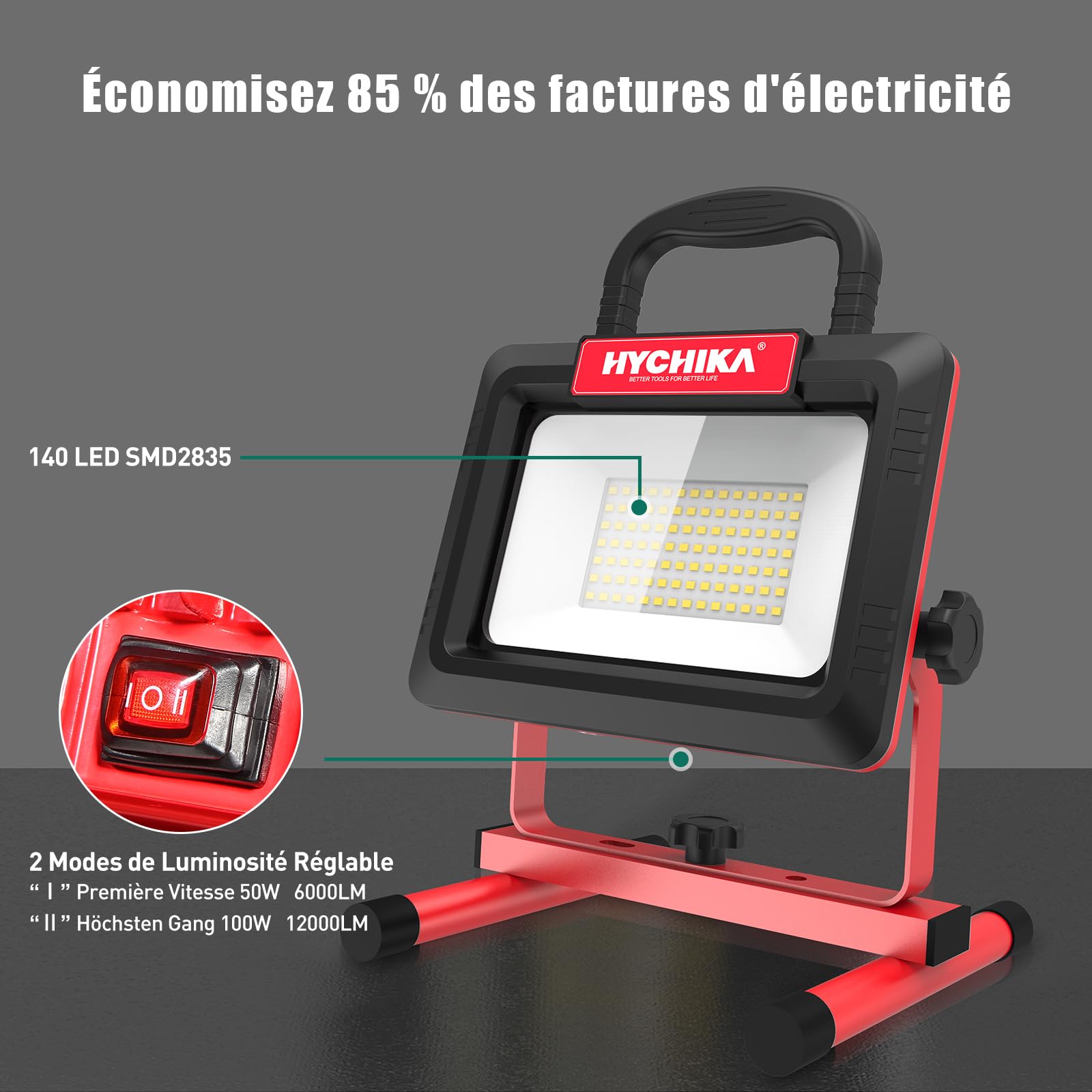 100W Projecteur Chantier LED, HYCHIKA 12,000LM Lampe Chantier avec Prise Ultra-Lumineux, IP66 Tanche, Rotation 360, Spot LED avec Cable 2M, Pour Garage Atelier Bricolage Construction