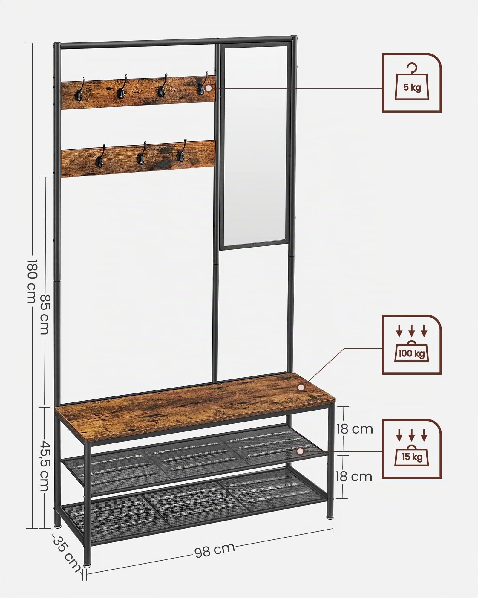 VASAGLE Kleiderständer, Garderobe, Garderobenständer mit Haken, Spiegel, Sitzbank, 35 x 98 x 180 cm, für Eingangsbereich, Schlafzimmer, Wohnzimmer, Industrie-Design, vintagebraun- schwarz HSR415B01