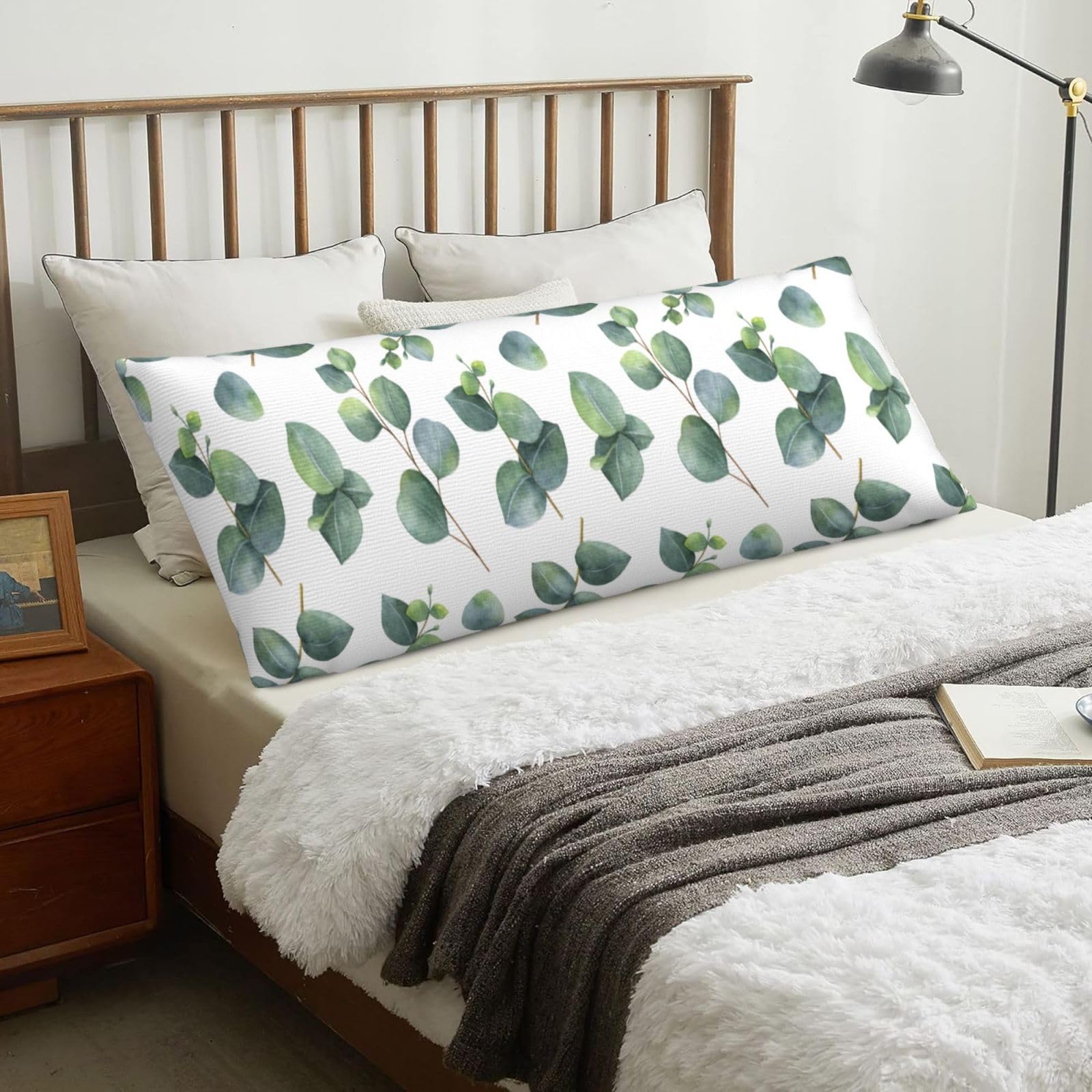 Watercolor Eucalyptus Leaves Branches, Body Pillow Cover with Zipper,Long Body Pillowcase 20 x 60 in
