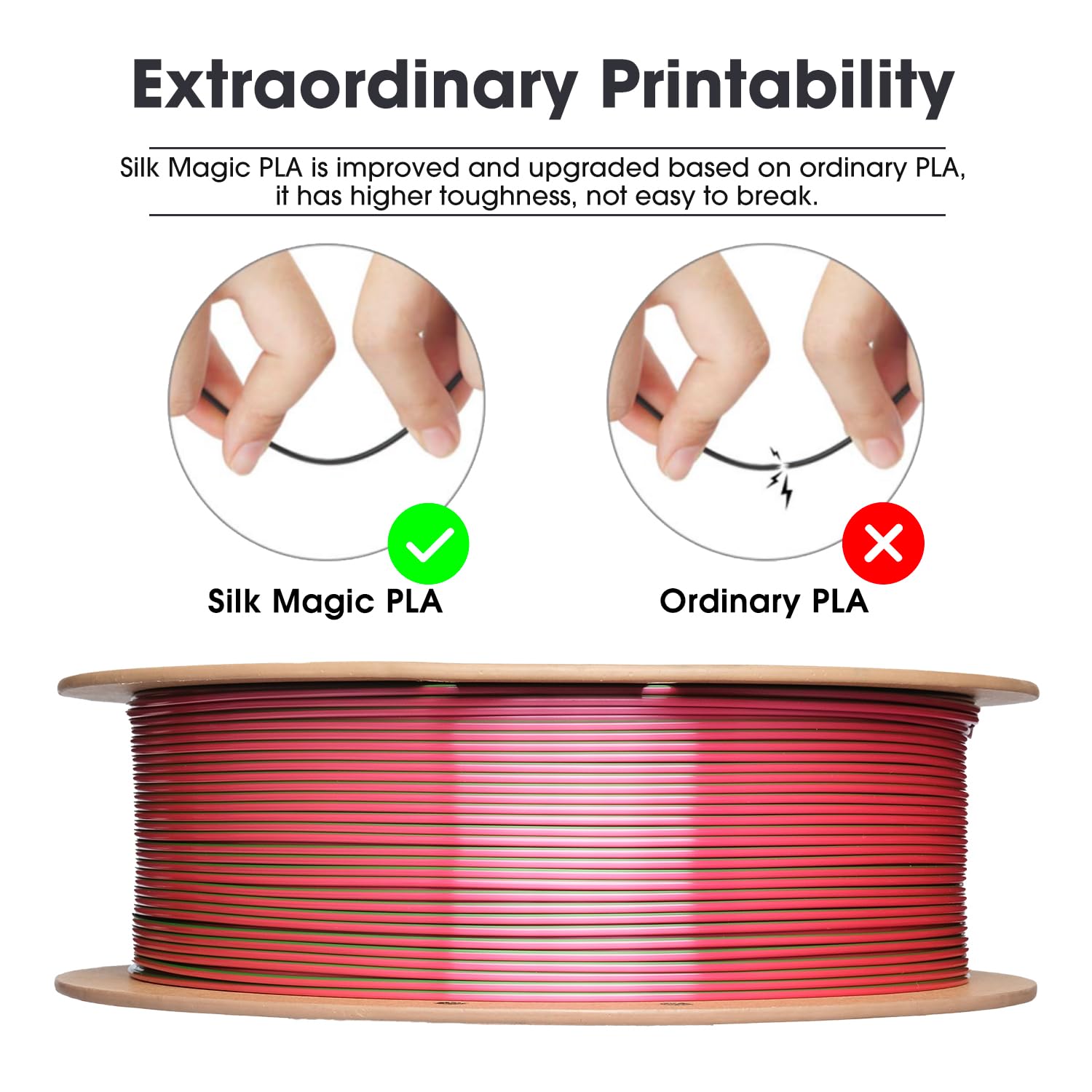 eSUN Silk Filamento PLA a doppio colore da 1,75 mm, filamento per stampa 3D in coestrusione Silk Magic PLA, colore sfumato che cambia bobina da 1 kg (2,2 libbre) (Silk Nero Rosso, 1KG)