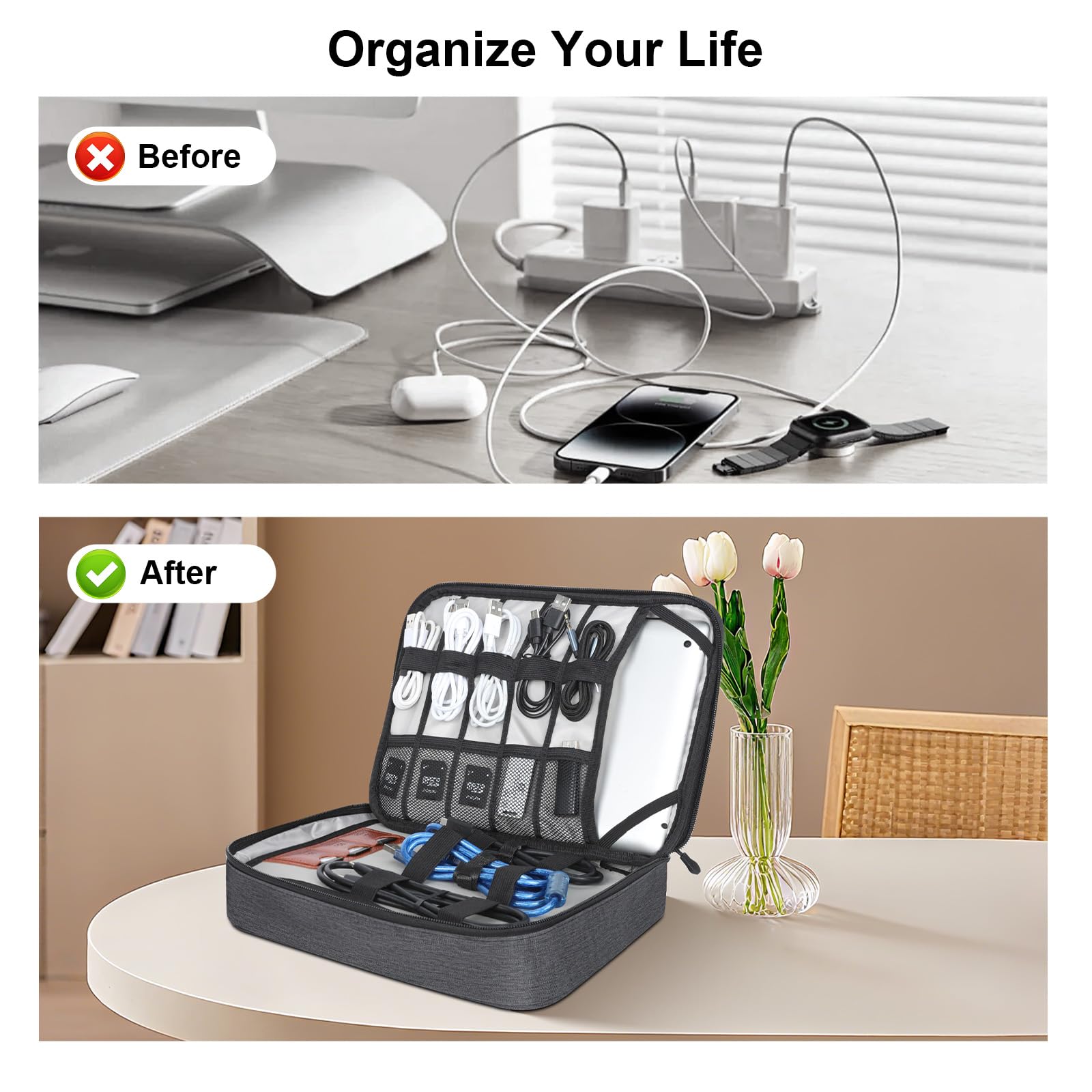 Cozary Organizador de Cables de Viaje, Bolsa para Cables Electrónicos, Viajes Accesorios para Cargadores, Memorias USB, Tarjetas SD y Accesorios Adaptadores, 28.5x23x6cm, Negro
