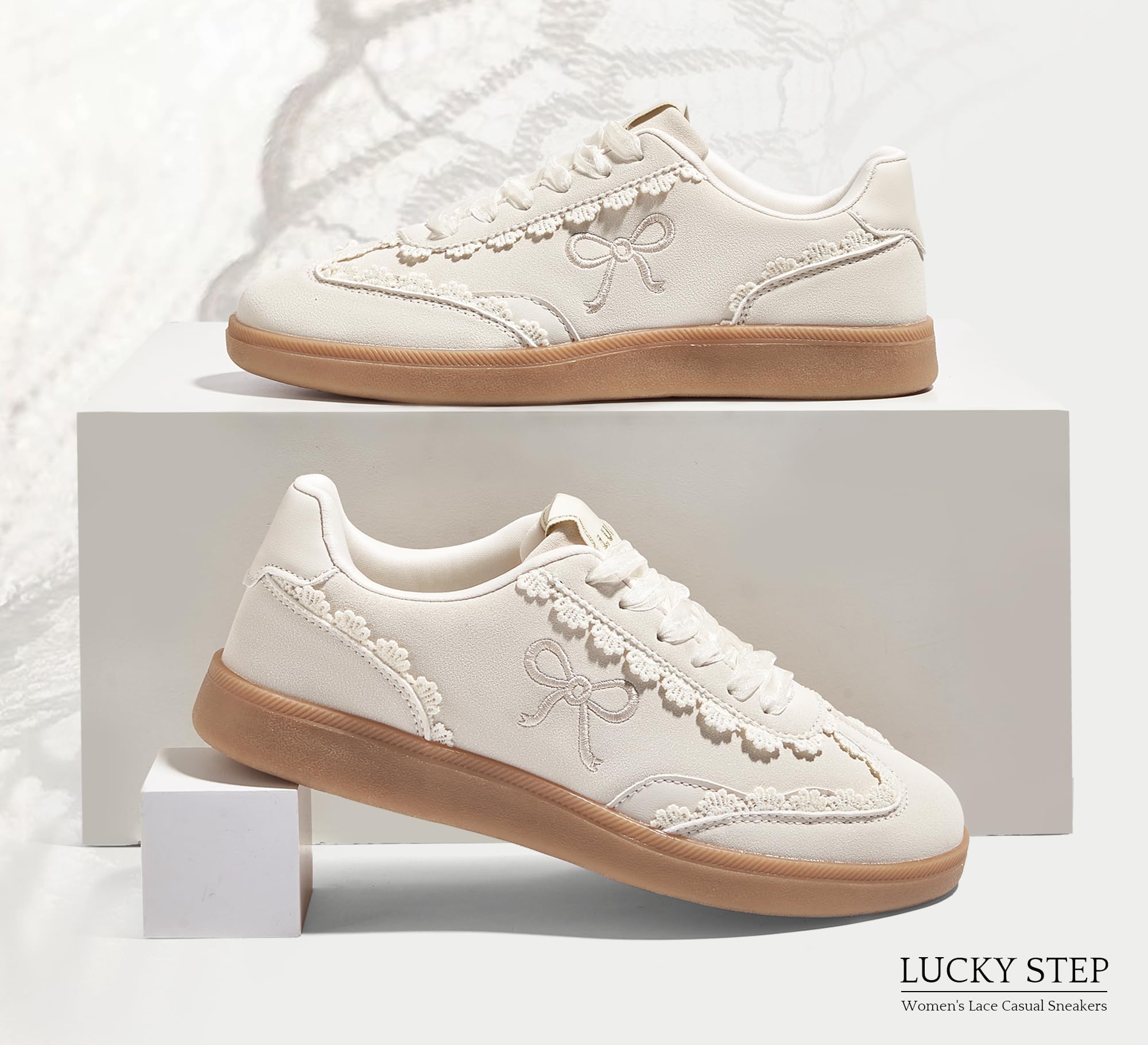 LUCKY STEP Damskie koronkowe detale trampki na co dzień wstążka organza sznurowane moda vintage gumowa podeszwa modne urocze buty
