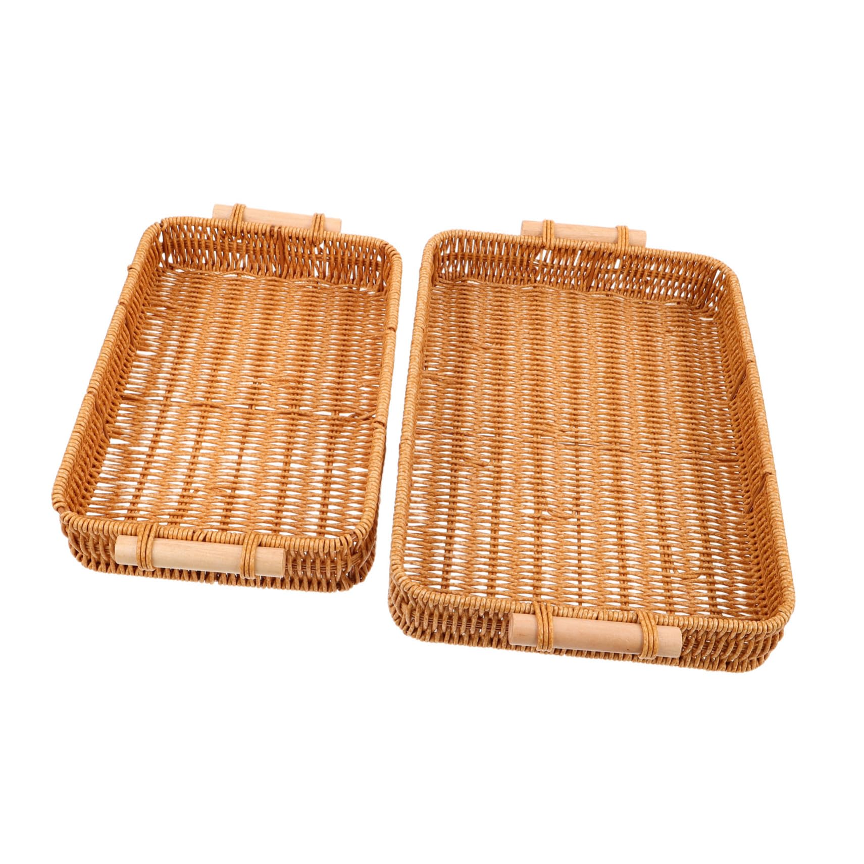 NOLITOY 2 Piezas Cestas de Pan Tejidas Mano con Asas de Madera Bandejas Rectangulares de Ratán Sintético para Servir y Almacenar Organizador Artesanal para Cocina y Comedor