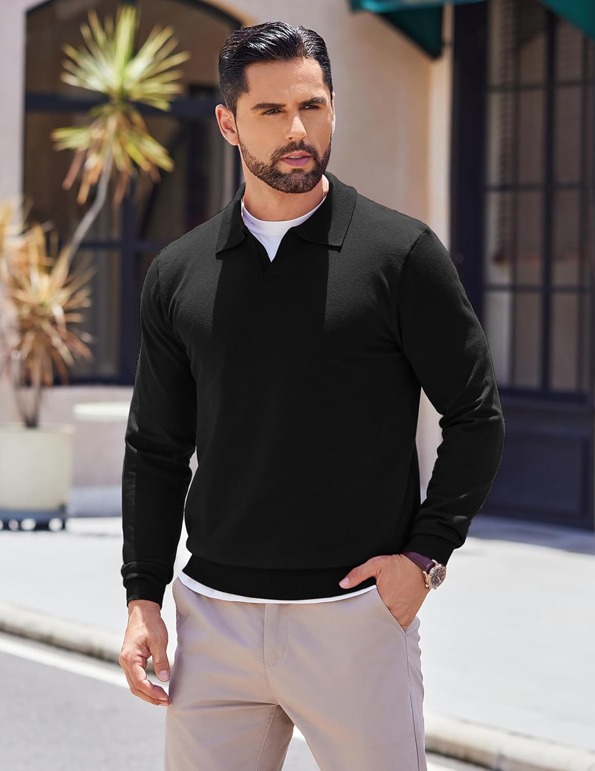 COOFANDY Long Sleeve Polo Shirts for Men Knit Polo Sweater Lightweight Ribbed Pullover Sweater - Image 4