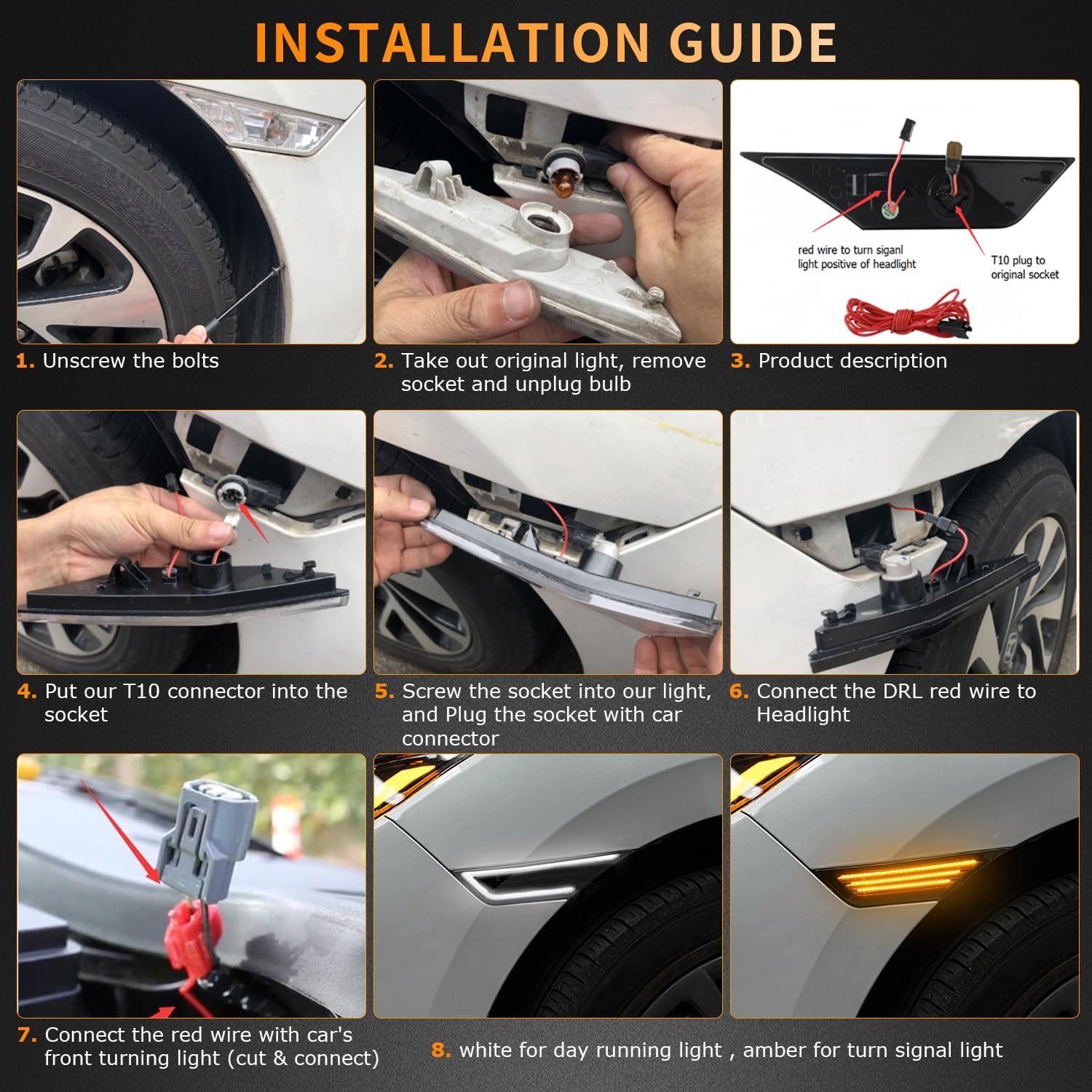 HERCOO Side Marker Turn Signal Lights LED Daytime Running Light, Switchback White & Amber Fender Sidemarker Smoke Lens Lamp Assembly Compatible with Honda Civic 10 Gen 2016-2021, Pack of 2