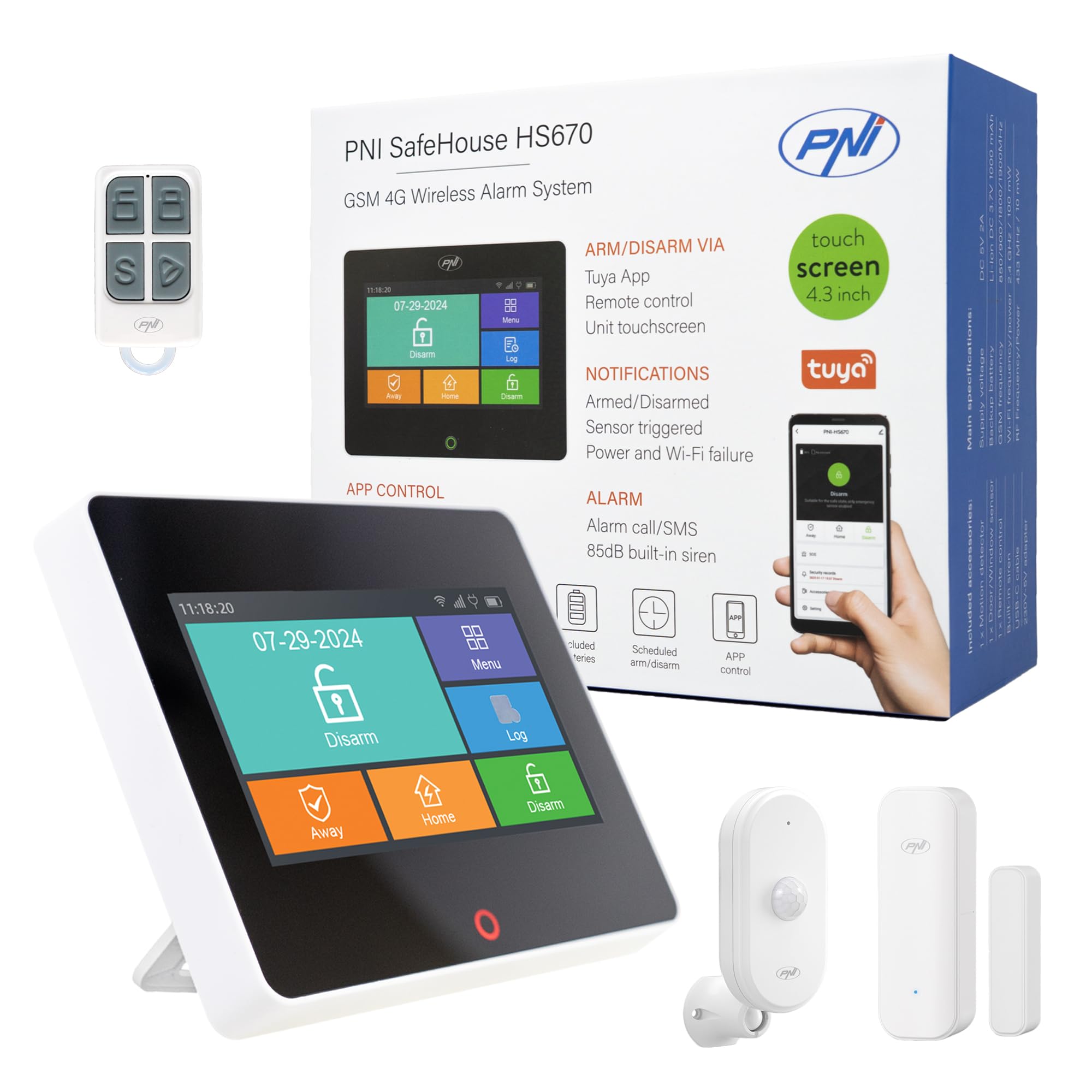 PNI Sistema de alarma inalámbrico SafeHouse HS670 WiFi GSM 4G, pantalla táctil a color, 99 zonas inalámbricas, soporta 5 números de teléfono, llamada de alarma y SMS, compatible con la aplicación Tuya