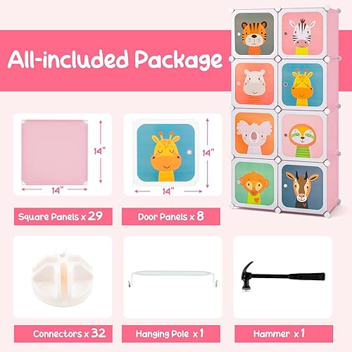 Miniatura 43 de HONEY JOY Armario para niños, organizador de almacenamiento de ropa de dibujos animados para bebés, 8 cubos y 2 secciones para colgar, armario