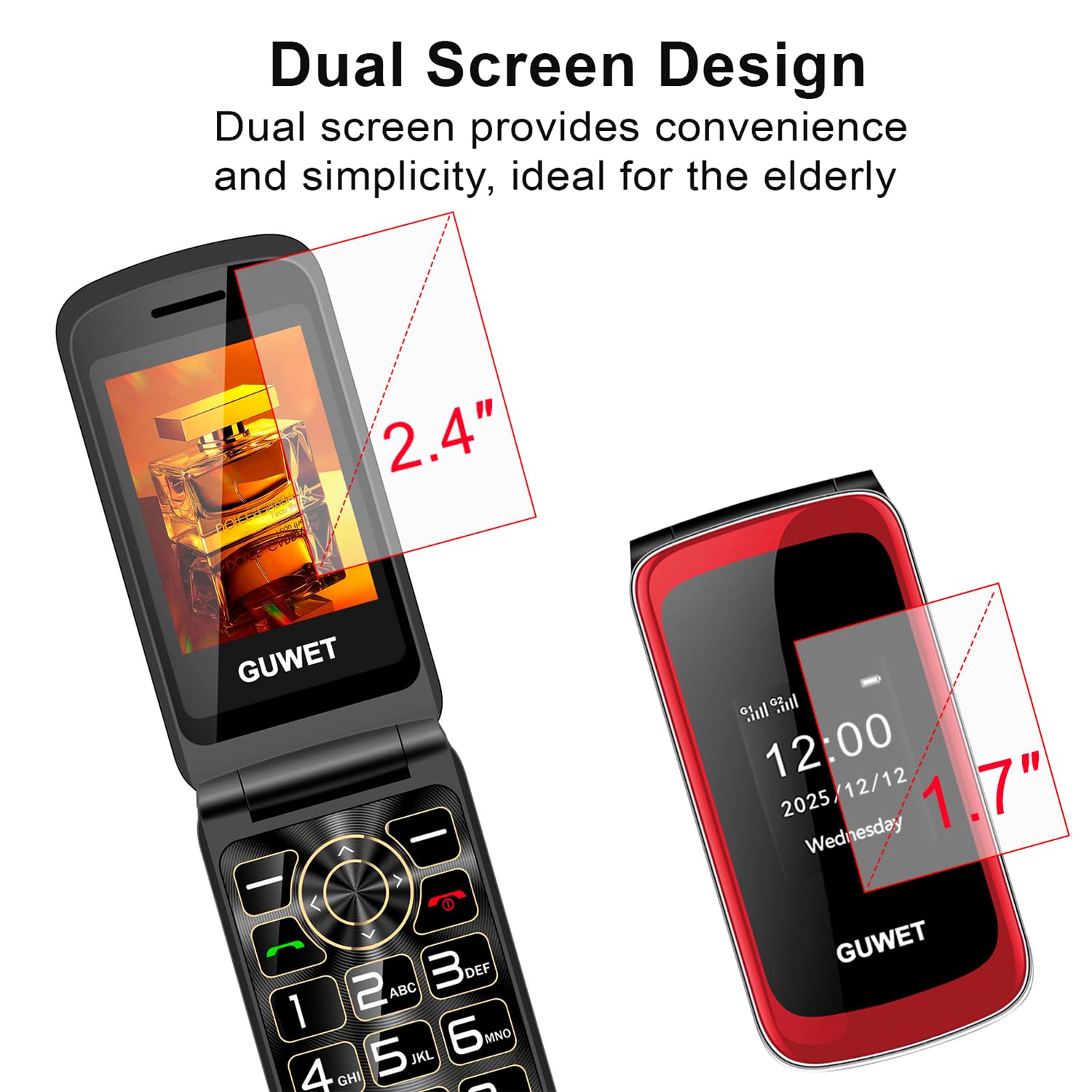 Guwet G739 cellulare per anziani pliante, telefono per anziani, telefono a tasti, con segnale forte, pulsante SOS, batteria da 1600 mAh, lungo standby e colore rosso.