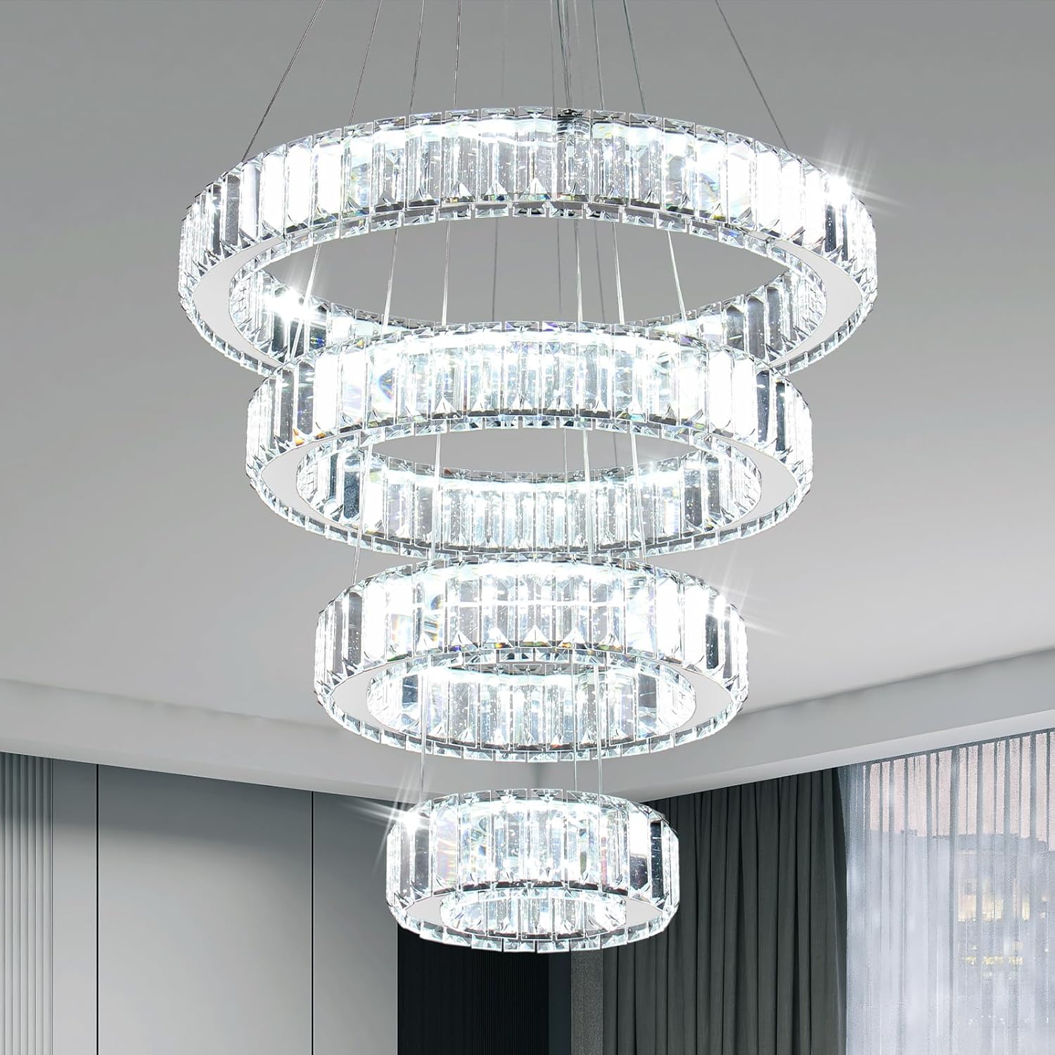 CLAIRDAI Modern 4 Ring Crystal Chandelier, LED Pendant Light Fixture, Cool White K9 Crystal Ceiling Light for Dining Room, Living Room, Bedroom