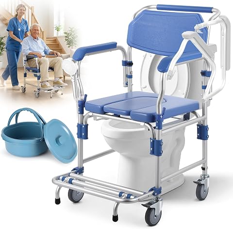 Bedside Commode Wheelchair with Drop Arms & Lockable Casters, Waterproof Aluminu