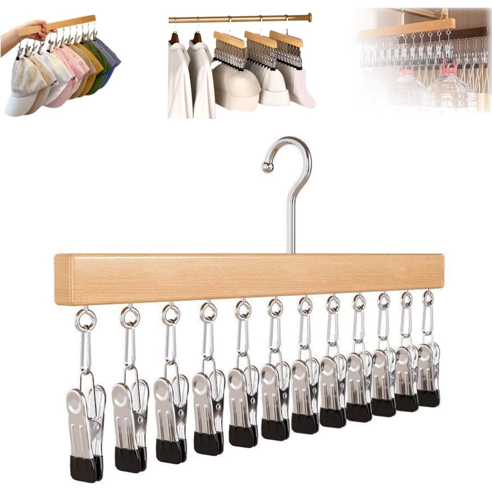 PsaltryCom Wooden Hat Organizer Hanger with 10/12 Clips Space Saving Cap Holder for Baseball Caps Socks Scarves Closet Storage Rack (Wood - 12 clips,1 piece)