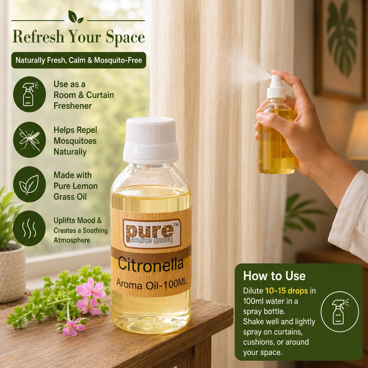 Pure Source India Citronella Aroma Oil 100ml with Dropper Bottle | Premium Fragrance Oil for Diffuser, Candle Making, Soap Making, Potpourri, Aroma Burner, DIY Crafts & Home Fragrance 1