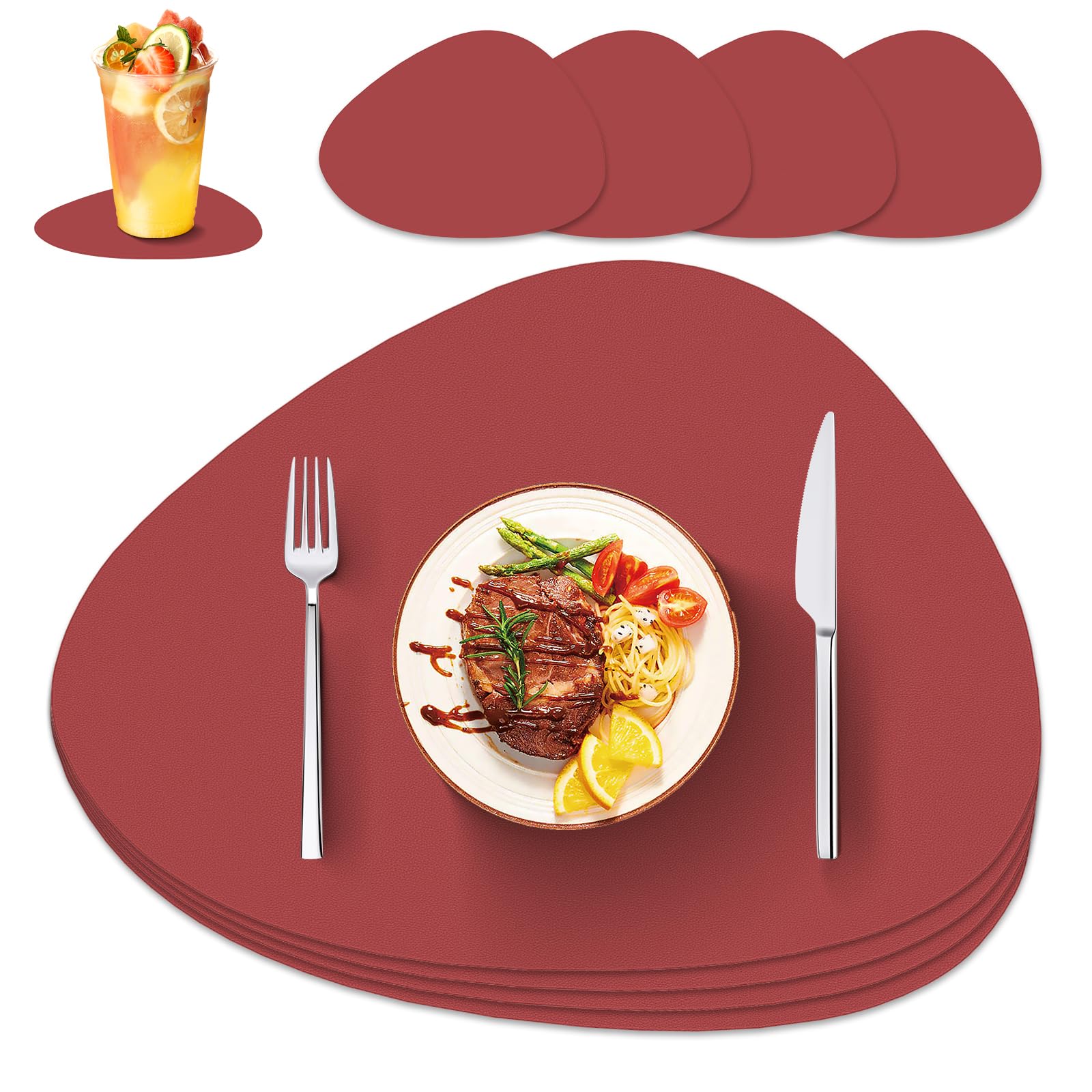 IKWOLETI Tischsets Abwaschbar mit Untersetzer - Platzsets Abwaschbar aus Kunstleder - Doppelseitige Platzdeckchen in Lederoptik - Ideal für Küche und Büro