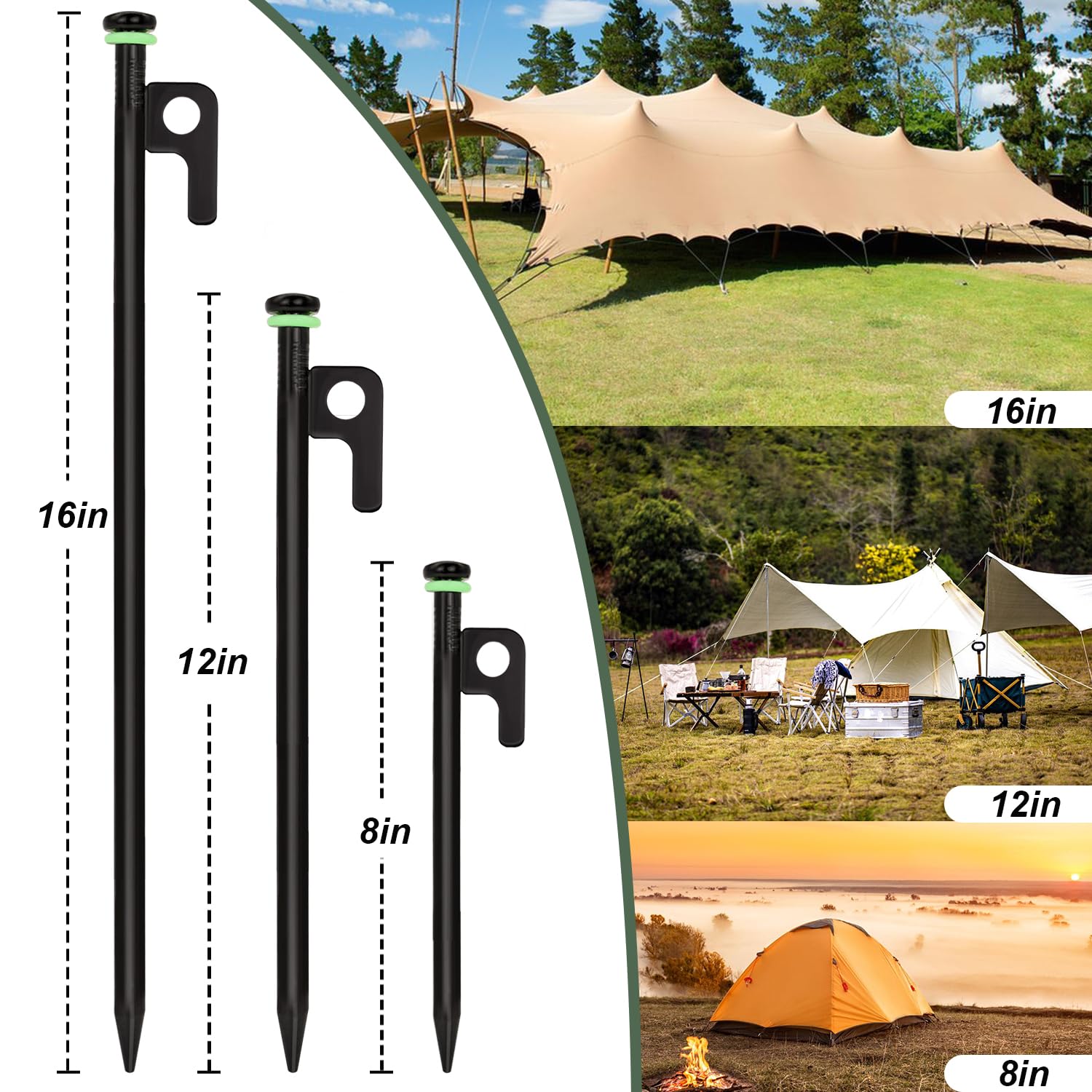 Tent Stakes, 16" Heavy Duty Tent Stakes With Storage Bag, Diameter 3/8" Forged Steel Stakes For Tents On Rocks, Grassland, Snowfield (24 Pack 16 - View #2