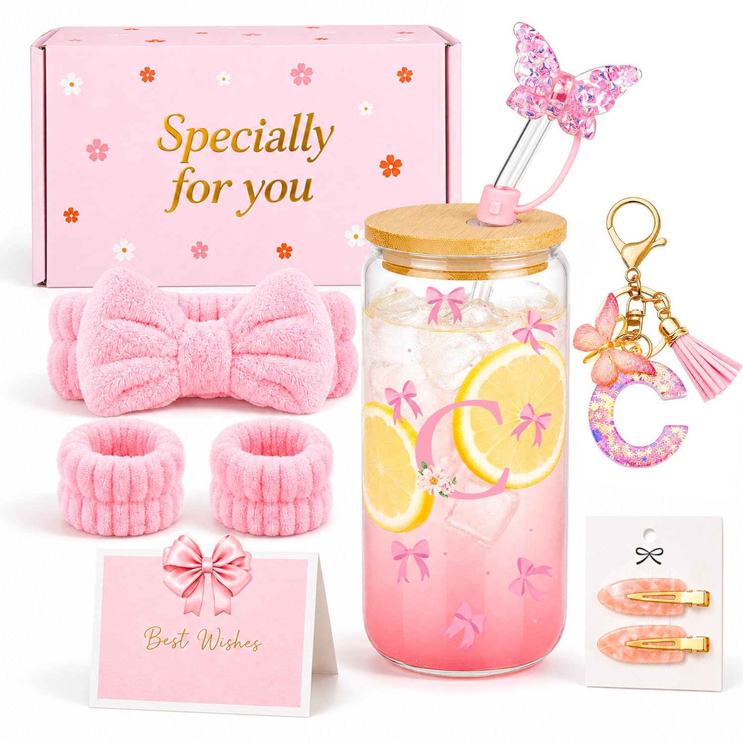 TUZELIYA C Personalised Initial Gifts for Girls - Letter Glass Tumbler Gift Set with Bow Headband, Pink Birthday Gift Set for Teen Girls, Best Friend, Daughter, Sister, Niece