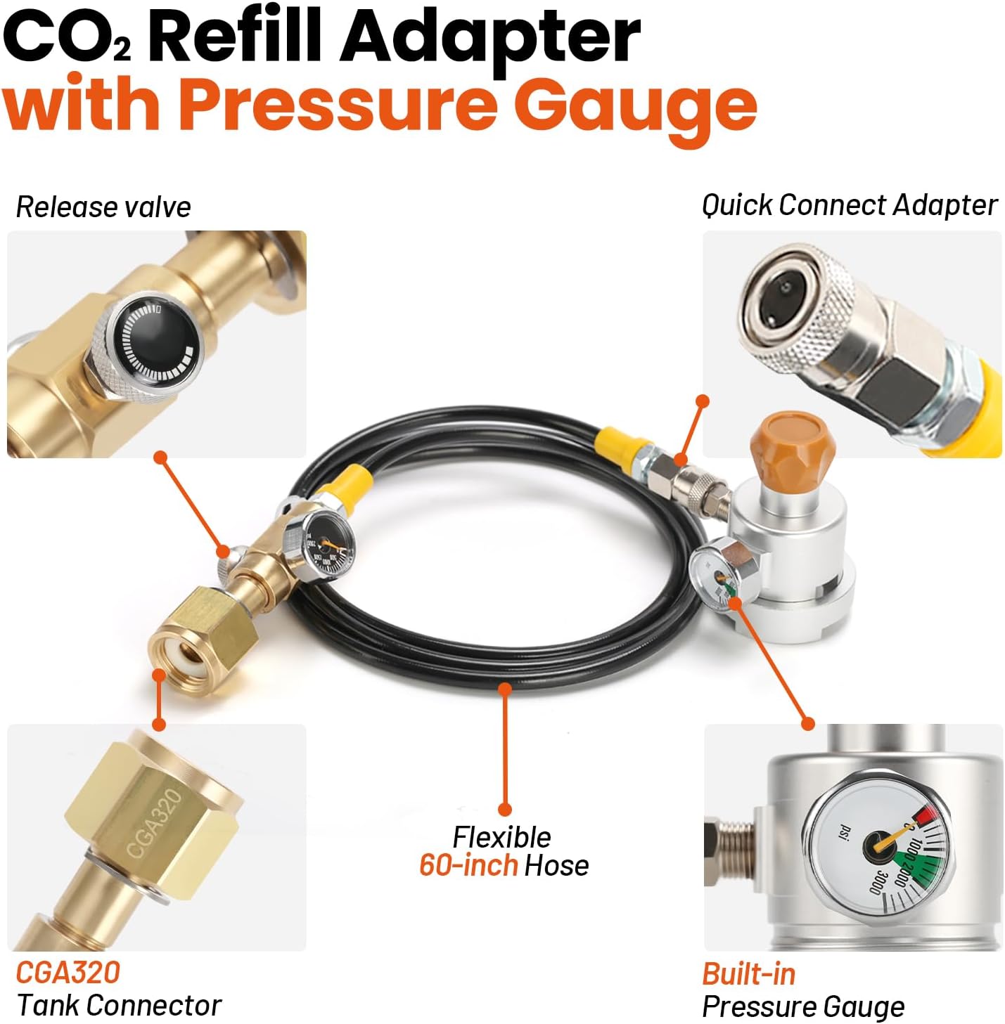 CO2 Refill Adapter Hose with Pressure Gauge for Soda Maker Quick Connect Cylinders, CGA320 Tank Connector Compatible with Terra, DUO, Art, Gaia Series 60L CO2 Cylinders, Pink image 2